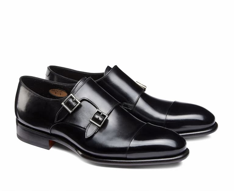 Men’s double-buckle shoe in black hand-polished leather by Santoni Euro 850