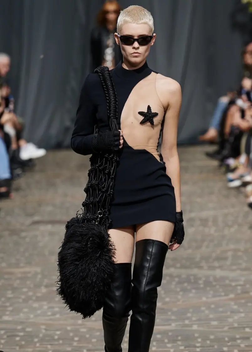 David Koma Spring Summer 23 - asimmetric dress with see through censored top