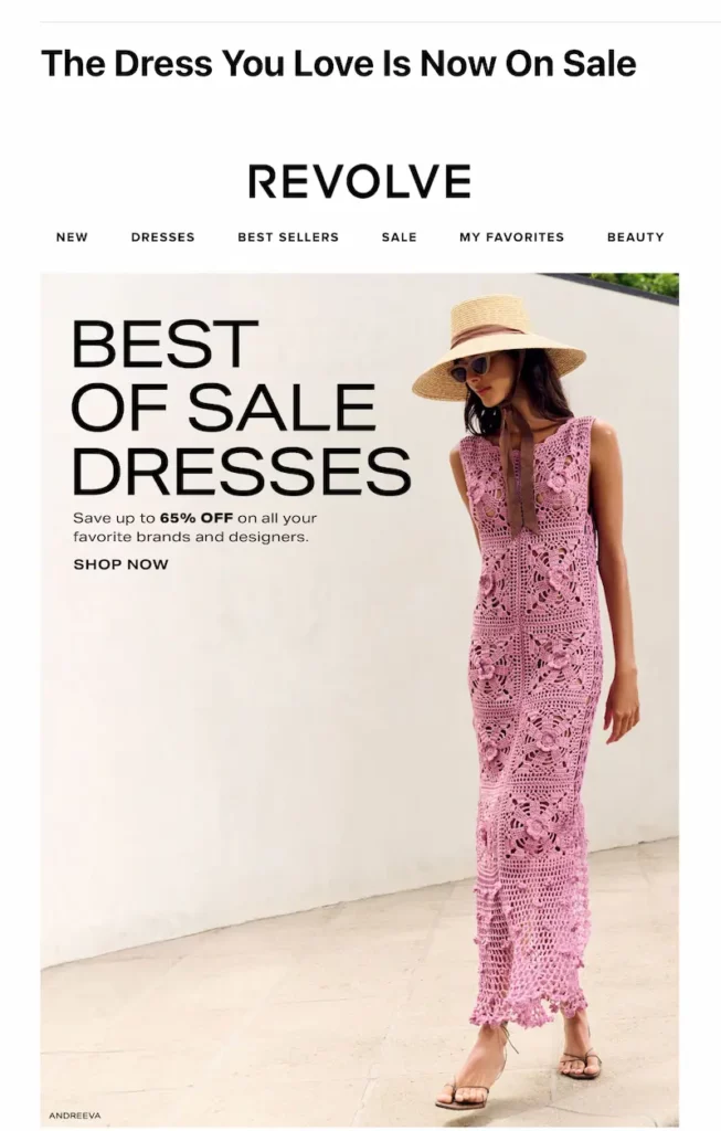 Revolve sale promotion featuring a woman in a pink crochet sleeveless dress, wide-brimmed straw hat, and sunglasses walking along a minimalist outdoor backdrop. Text reads “Best of Sale Dresses – Save up to 65% OFF on all your favorite brands and designers.”