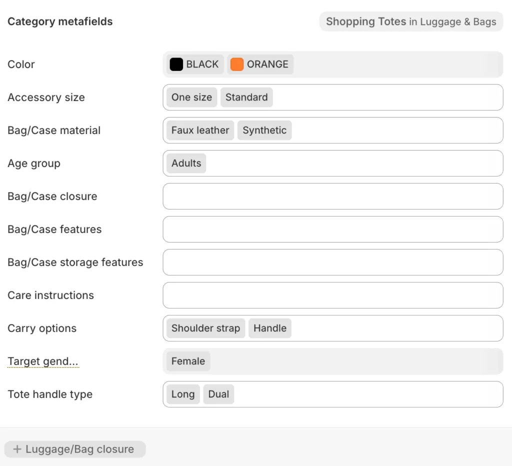 Shopify Fashion Metafields attributes