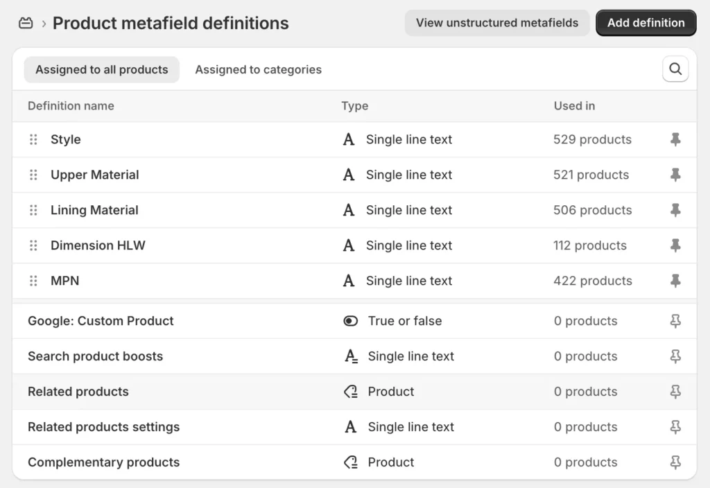 Shopify Fashion Metafields attributes